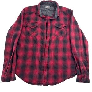 Burnside Men's Plaid Flannel Shirt L Red Black Western Grunge‎ Cotton Blend